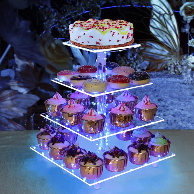 weddingwish Cupcake Stand, 4-Tier Square Acrylic Cupcake Display Stand with LED String Lights Dessert Tower Pastry Stand for Birthday or Wedding Party