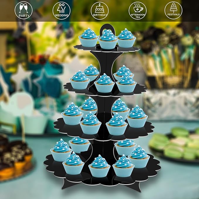 4-Tier Round Black Cupcake Stand, 2 Pack – Elegant Dessert Display for Weddings, Parties, Birthdays