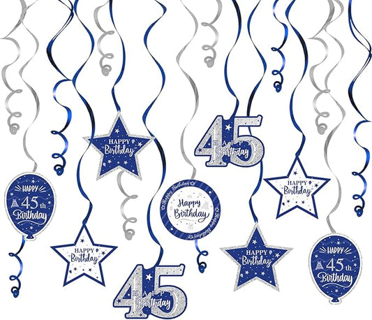 Happy 45th Birthday Blue & Silver Glitter Swirls Streamers Party Decorations - 15 Pcs 45th Birthday Hanging Swirls Streamers Kit,Perfect for 45th Bday Party Sign.