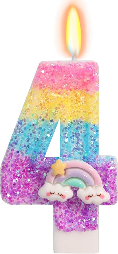 Rainbow Candles for Cakes, Number 4 Candle Rainbow Cake Topper for 4th Birthday Decorations Girl