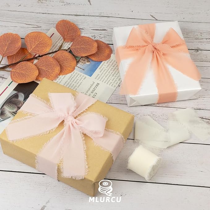 Peach Pink Chiffon Ribbon 1.5 Inch x 21Yds Handmade Fringe Chiffon Silk Ribbon Peach/Pink/Ivory Frayed Chiffon Ribbon for Wedding Invitation Flower Bouquets Gift Wrapping Bridal Shower Baby Shower