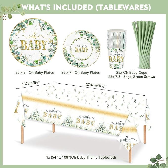223Pcs Sage Green Baby Shower Decorations,"OH BABY" Banner, Balloon, Sash, Cake Topper for 25 Guests,Neutral Baby Shower Decor Supplies- Disposable Dinnerware Set With Eucalyptus Leaf