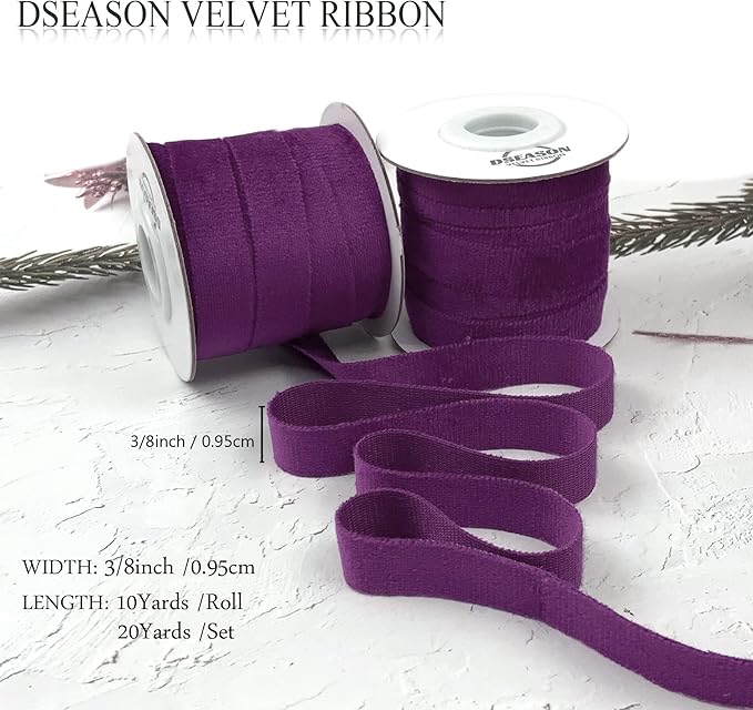 Velvet Ribbon Set 3/8" x 10 Yards, 2 Rolls 20 Yards, Dseason Handmade Purple Velvet Ribbon Set for Party Decor & Bow Making, Christmas Tree, Wreath Decoration, DIY Crafts Decoration