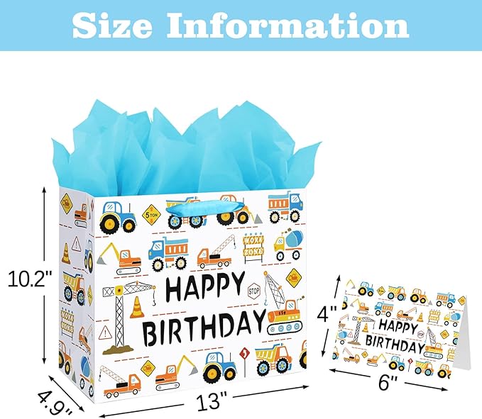 Laidans 13" Large Happy Birthday Gift Bag for Baby Boy Kids with Tissue Paper and Card (Construction Vehicle)