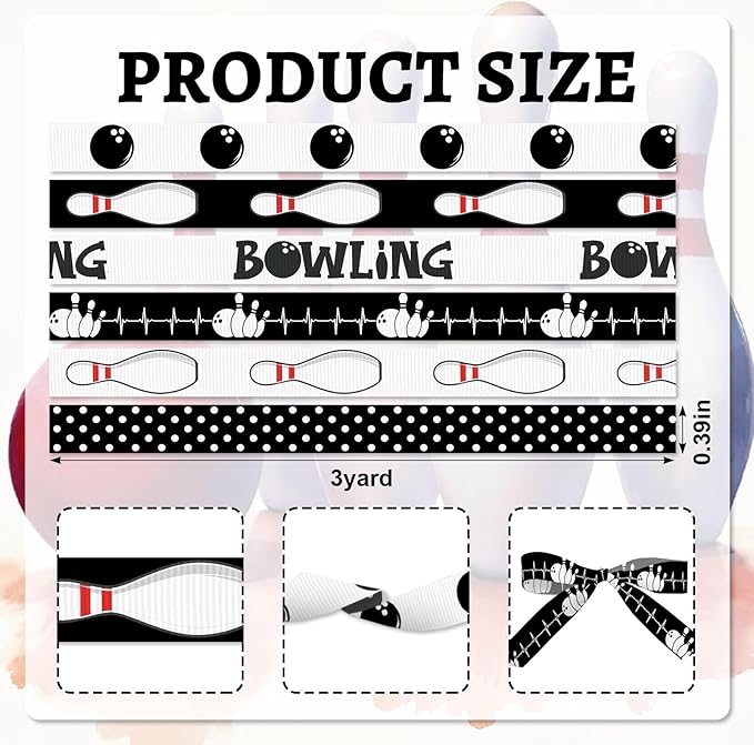 6 Rolls 3/8'' Bowling Ribbon Sports Competition Ribbons for Wreath Bows DIY Crafts White Black Grosgrain Ribbons for Wrapping Sports Team Birthday Party Home Decoration 18 Yards