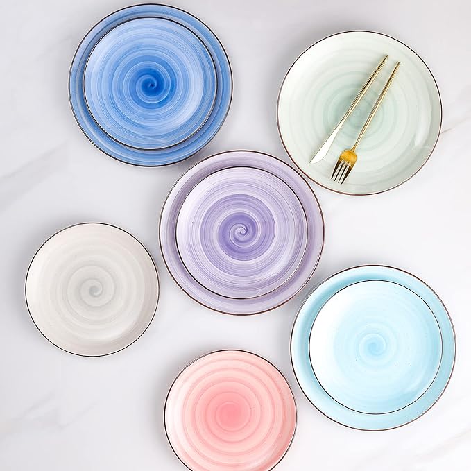 KitchenTour Large Ceramic Dinner Plates, 10 Inch Porcelain Serving Plate for Salad, Dessert Pizza Steak Pasta Plates Set, Dishwasher and Microwave Safe - Set of 6, Assorted Warm Colors
