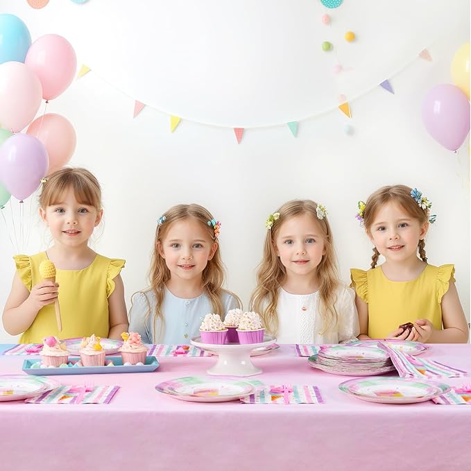 WERNNSAI Ice Cream Party Supplies - 96 PCS Ice Cream Plates Napkins and Forks Pink Popsicle Themed Party Tableware Decorations for Girls Birthday Pool Summer Baby Shower Serves 24 Guests