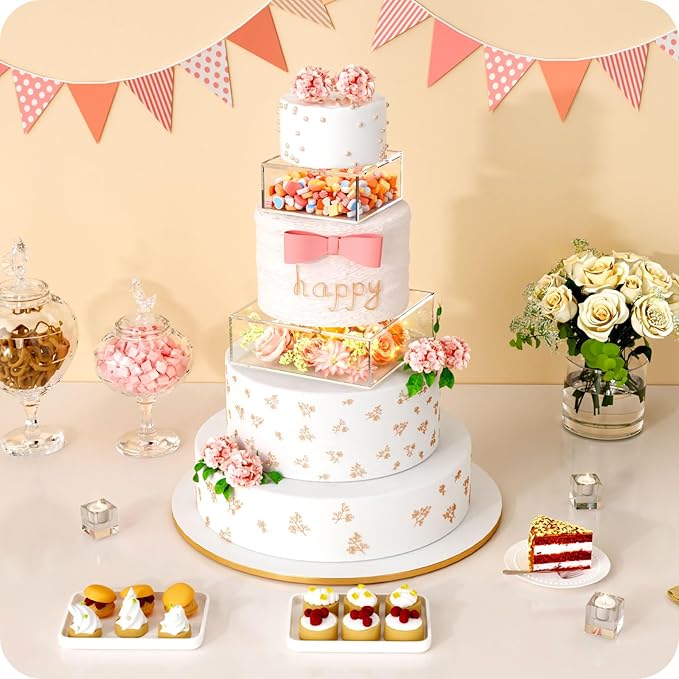 2PCS Clear Acrylic Cake Stand, Fillable Cake Box Riser Cake Tier, Square Cake Display Box with Lid, Decorative Centerpiece Box for Wedding Birthday Party (2pcs, 10" Dx4” H; 6" Dx4” H, 2M LED Lights)