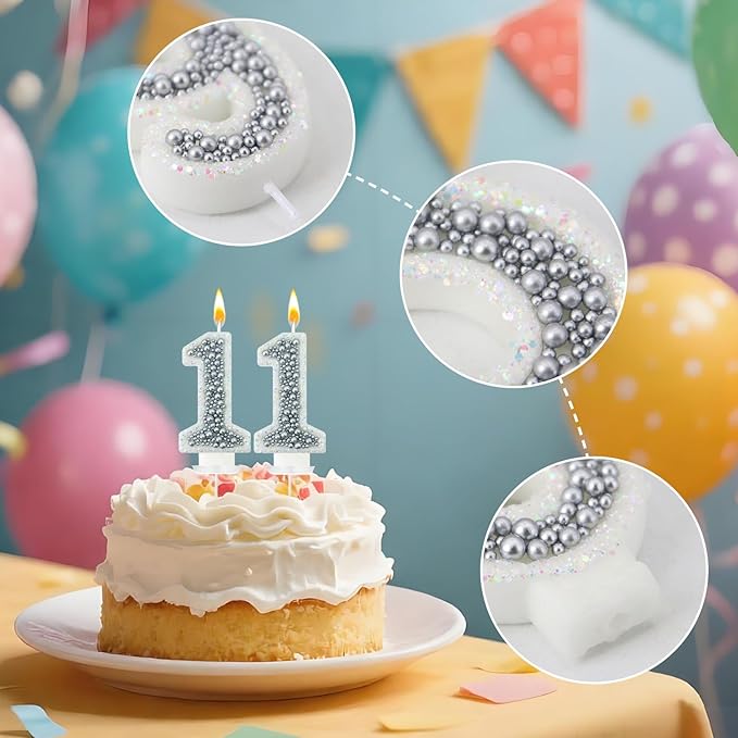 11 Birthday Number Candle for Cake, Glitter Number Candle with Silver Beads, Decorative Cake Topper for Milestone Celebrations