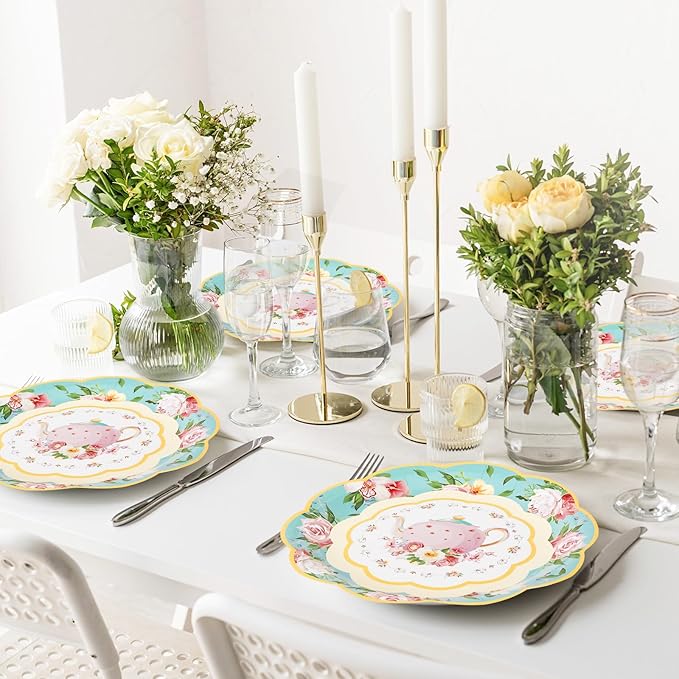 Whaline Spring Vintage Floral Paper Plates 9 Inch Tea Party Teapot Flower Disposable Salad Dessert Plates for Summer Birthday Wedding Baby Bride Shower Tableware Supplies 40Pcs