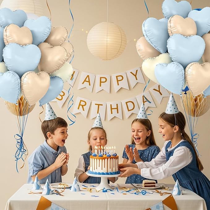 TONIFUL 30Pcs 18 Inch Light Blue Cream White Caramel Balloons Heart Shape Foil Mylar Banners Decoration for Birthday Valentine's Day Wedding Bridal Shower Anniversary Engagement Party Supplies