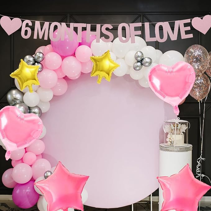 6 MONTHS OF LOVE Banner with Heart Foil Balloons and Star Balloons, Half Birthday and 6 Month Anniversary Decorations for Baby Shower, First Birthday, Couple Celebration, and Romantic Love Party Decor