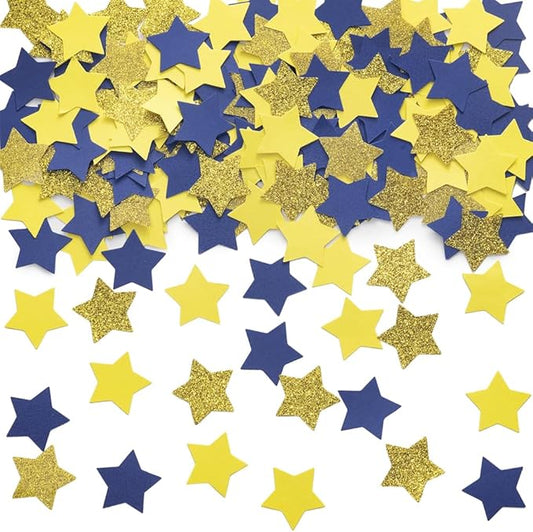 Gold Blue and Yellow Star Confetti Table Decoration for Graduation Birthday Retirement Eid Ramadan Festival Theme Party,1.2 inch in Diameter,200 Counts