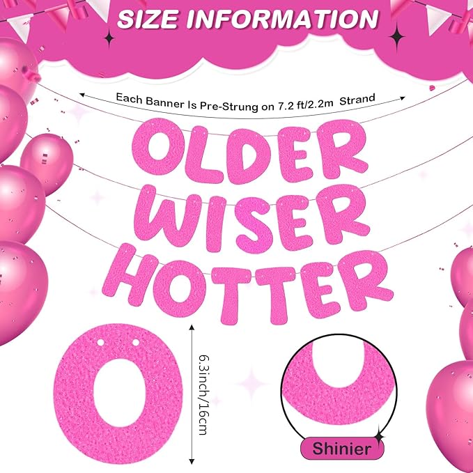 Fulmoon Set of 3 Pre Strung Older Wiser Hotter Glitter Banner Funny Birthday Banner for Women 30th 40th 50th 60th 70th 80th Birthday Party Decorations Sign Gift(Light Pink)