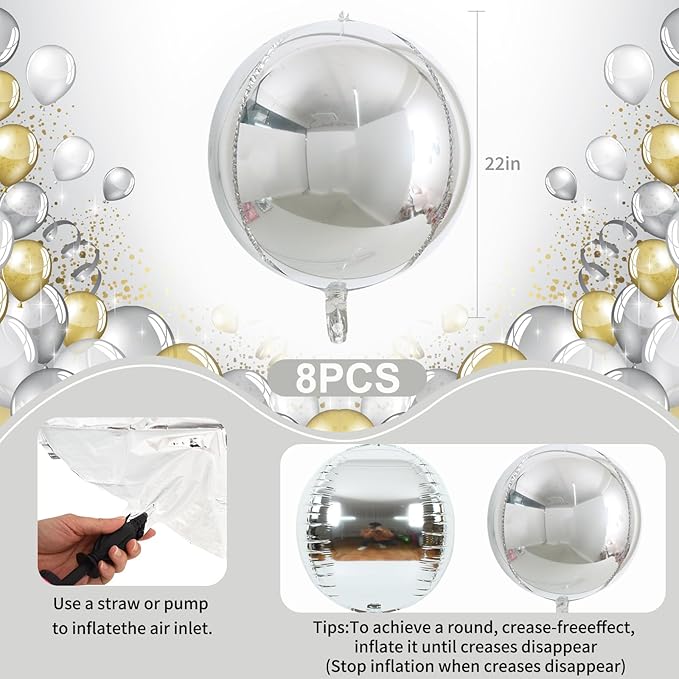 TONIFUL 8Pcs Large Silver 4D Giant Round Foil Balloon 22inch Big Mirror Metallic Mylar Sephere Balloons for Christmas New Year Birthday Party Graduation Wedding Bridal Shower Decoration Supplies