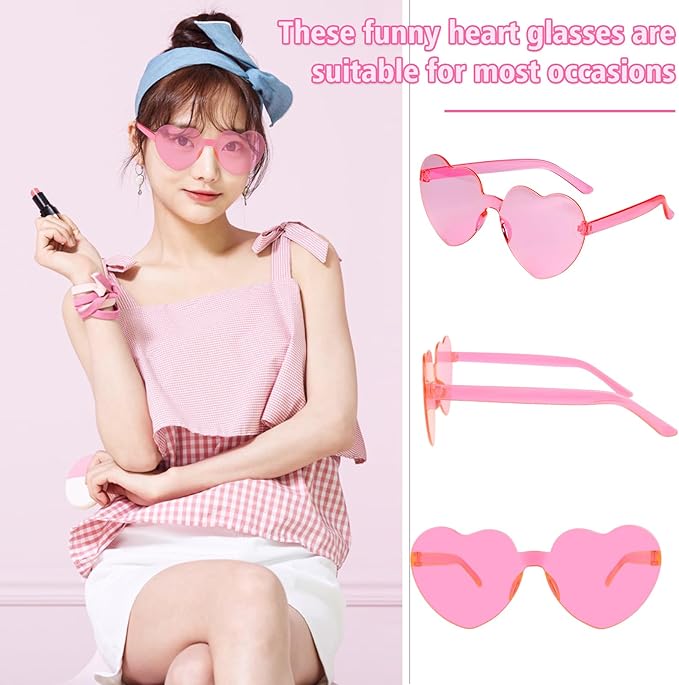 NACHLYNN 12 Pairs Pink Heart Sunglasses for Women Rimless Heart Shaped Sunglasses Candy Color Glasses for Party Favors