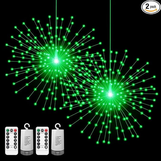 PXBNIUYA 2 Pack Starburst Sphere Lights,200 LLED Firework Lights, 8 Modes Dimmable Remote Control Waterproof Hanging Fairy Light, Copper Wire Light for Patio Parties Christmas (Green)