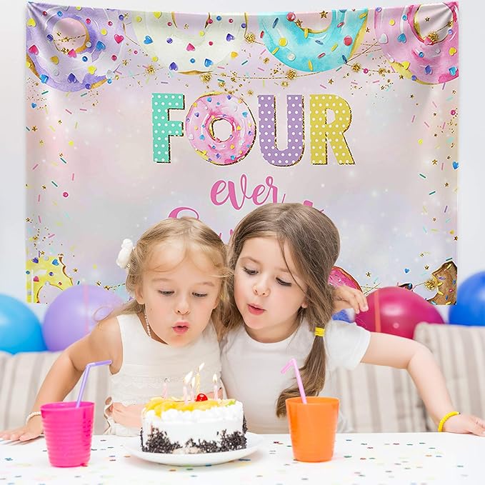 Mocsicka 4th Donut Birthday Backdrop Four Ever Sweet Donut Birthday Party Decoration Background Toddler Girl 4th Birthday Party Banner Supplies (7x5ft (82x60 inch))