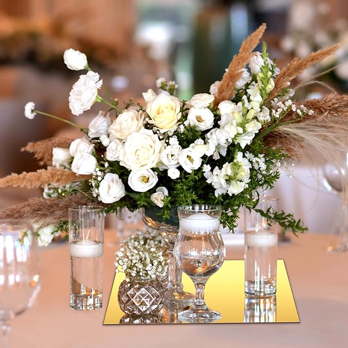 Thyle 12 Pcs Acrylic Square Mirrors for Tables, Centerpieces, Wall, Wedding, Baby Shower Party, Gold, 8 Inch, 1 mm Thickness