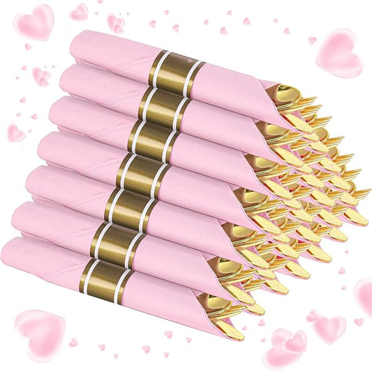 Supernal Gold Plastic Silverware Set with Pre Rolled Pink Napkin-Disposable Cutlery with Pink Linen Napkin Gold, Wrapped Plastic Silverware Heavy Duty Suit for Birthdays, Parties, Weddings 30Packs
