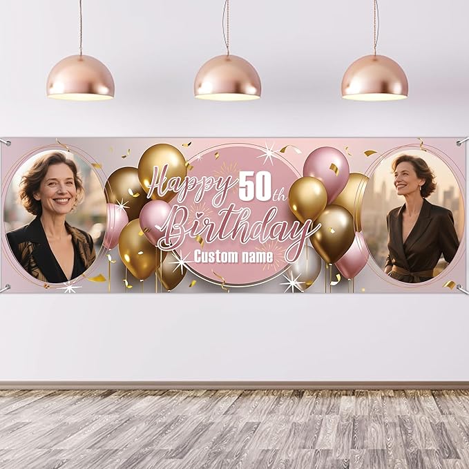 Dicodes Personalized Happy Birthday Banner with Name Custom Photos Birthday Photography Background Decorations Party Supplies for Women Men (Rose Pink-2 Photo)
