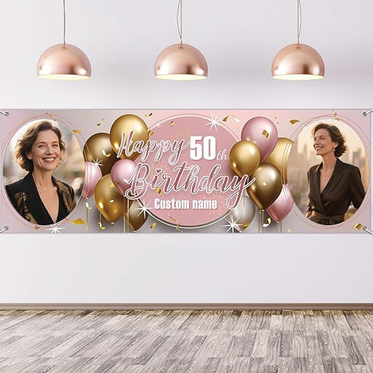 Dicodes Personalized Happy Birthday Banner with Name Custom Photos Birthday Photography Background Decorations Party Supplies for Women Men (Rose Pink-2 Photo)