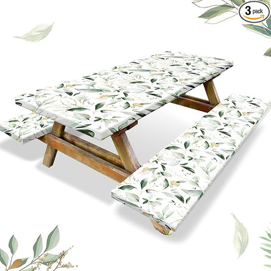 Boao 3 Pcs Vinyl Picnic Table Cover with Bench Cover 6 ft 30 x 72 Inch Waterproof Fitted Tablecloth Flannel Backing Rectangular Elastic Edged for Camping Outdoor Patio Travel(Eucalyptus)