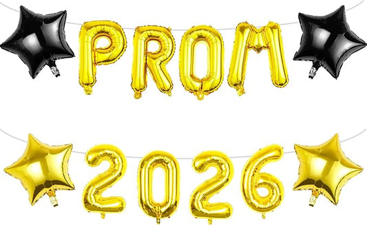 Prom 2026 Balloons Decorations, 16 Inch Foil Letter Number Balloons with 18 Inch Black Gold Star Balloons for High School College Graduation Gift Retirement Ins Photo Party Supplies