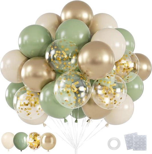 60pcs Sage Green Balloons Kit, 12inch Sage Green Sand White Gold Confetti Balloons for Birthday, Baby Shower, Gender Reveal, Wedding,BOHO Party Decoration