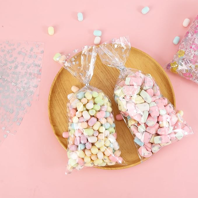 100 Pcs 5 x 11 Inch Clear Cellophane Treat Bags with 100 Silver Twist Ties, Silver Star Printed Heat Sealable Candy Cookie Bags for Bakery, Birthday Party Favors, Wedding, Gift Wrapping