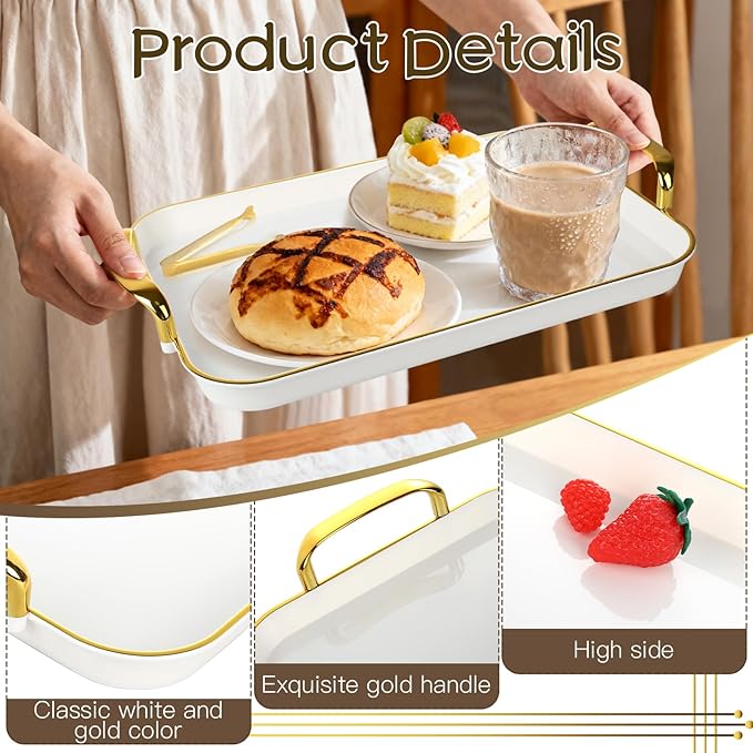 3 Pcs Serving Tray with Handles, Stackable Serving Platters with 3 Sugar Cube Tongs, 16.5/14.9/13.2 Inch Rectangle Food Trays, White Party Platters for Dinner, Cookie, Cake, Cheese and Fruit