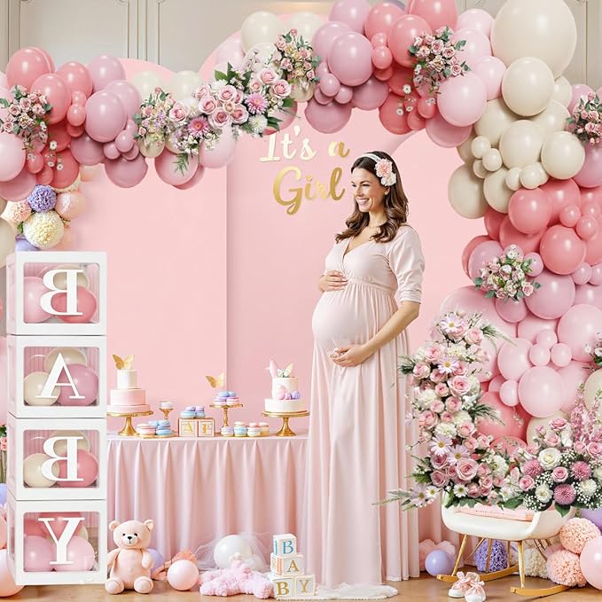 144Pcs Boho Baby in Bloom Balloon Arch Kit, Baby Shower Decorations, Vintage & Dusty Pink Sandy White Balloons with BABY Letter Boxes, Boho Floral Party Supplies for Baby Shower Gender Reveal Birthday