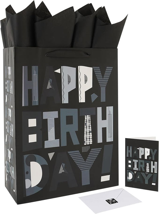 wishinside 16.5” Extra Large Black Happy Birthday Gift Bag Set with Handles, Greeting Card, Tissue Papers and Stickers for Men Boys Kids Teens, Cartoon Design, 1 Pcs
