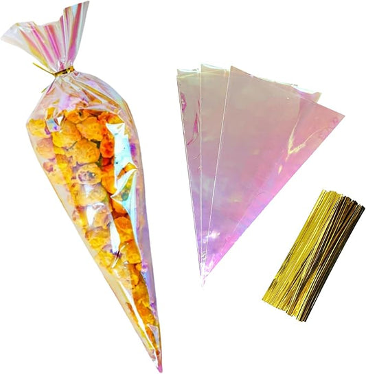 FERENLI 50 Pcs 6.1x10 inch Cone Shaped Iridescent Holographic Cellophane Treat Bags with Twist Ties Plastic Goodie Bags for Candy Popcorn Snack Birthday Party Favors Packaging (Iridescent Clear)