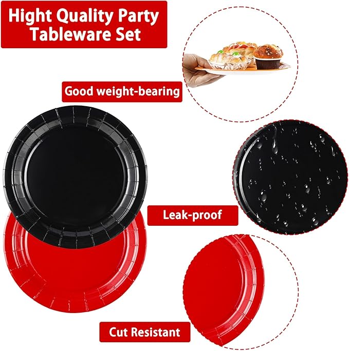 200Pcs Red and Black Party Supplies Graduation Black and Red Paper Plates and Napkins Disposable Stranger Tableware Set for Congrats Grad Holiday Red Black Wedding Birthday Party Decorations Serves 50