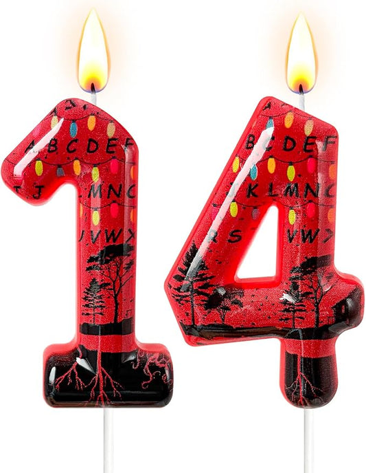 Red Number 14 Birthday Candle for Cake – Dark Horror Style with Alphabet Print & Shadow Design – Unique Cake Topper for Birthday, Anniversary, Themed Party Decoration