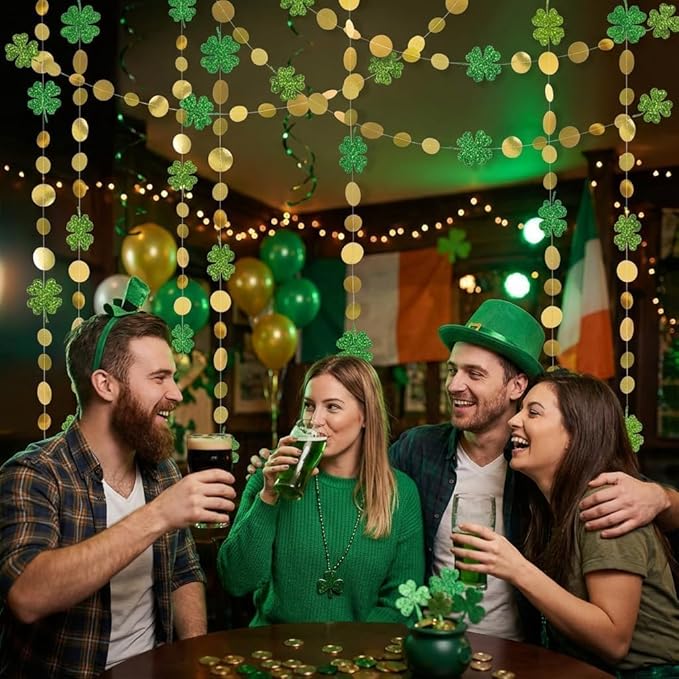 Cheerland St Patricks Day Decorations Green Shamrock Garland 4 Leaf Clover Glitter St Paddys Banner Hanging Streamers for Saint Patrick's Day Lucky One Birthday Irish Party Supplies Spring Decor 52Ft