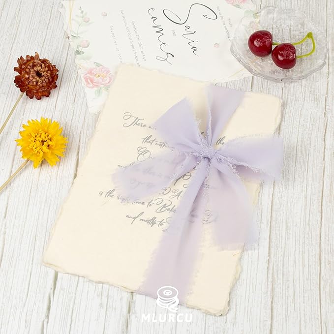 Misty Lilac Chiffon Ribbon - 1.5 Inch x 21 Yards, Boho Frayed Fringe Silk Ribbon for Gift Wrapping, Wedding Invitations, Bridal Flower Bouquets