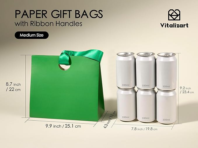 Vitalizart Paper Gift Bags With Ribbon Handles Set of 10 Assorted Colors Bulk Reusable For Gift Wrap Girls Kids Birthday Bridal Shower Party Favors Goodie Bags Candy Christmas 9.84"x4.33"x8.66" Medium
