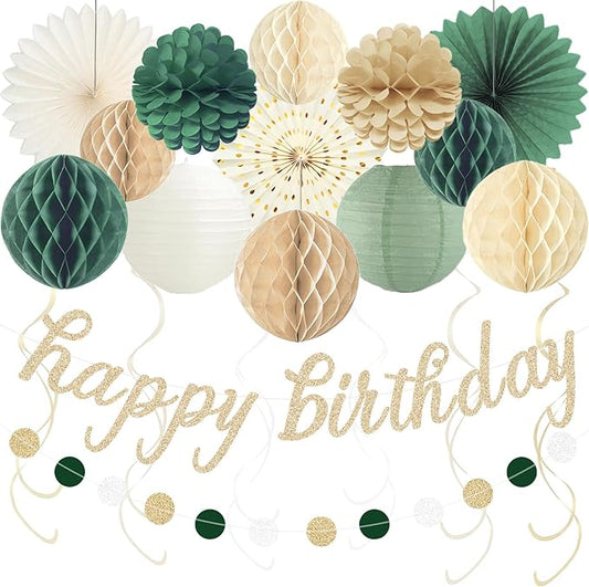 Sage Green Happy Birthday Decorations for Women, Pre-Strung Happy Birthday Banner with Honeycomb Balls, Paper Flowers, Lanterns, Hanging Swirls, Circle Dots Garland for Party Decor 24pcs