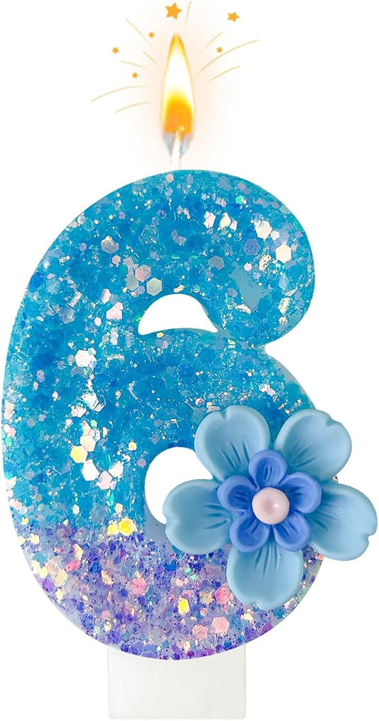 Blue Purple Flower Birthday Number Candles, Flower Theme Party Decorations, Cupcake Decorations, Suitable for Party Celebrations, Boys and Girls Birthday Decorations（6）