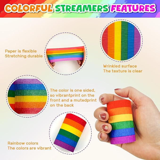 20 Rolls Rainbow Crepe Paper Streamers, 656 ft Colorful Crepe Rolls Rainbow Streamer Paper Party Decorations for Birthday Wedding Bachelorette Bridal Baby Shower Pride Party Backdrop DIY Supplies