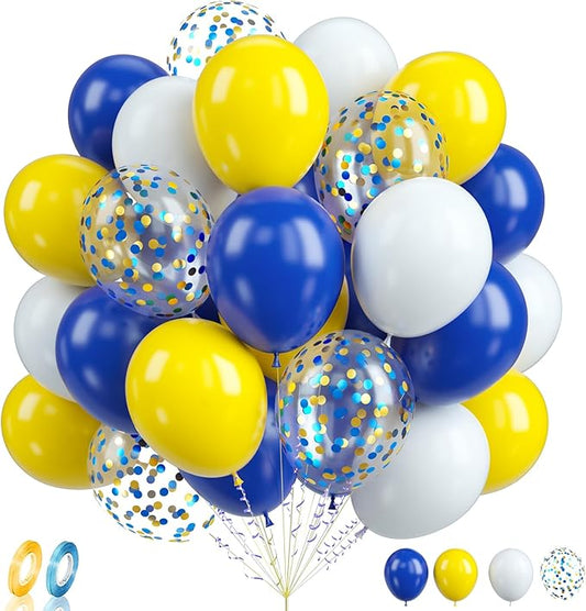 Biapian Yellow Blue Balloons, 60PCS Blue Yellow White Balloons, 12 Inch Blue Gold Confetti Balloons Dark Blue Latex Balloon Helium for Birthday Wedding Graduation Baby Shower Soccer Party Decoration
