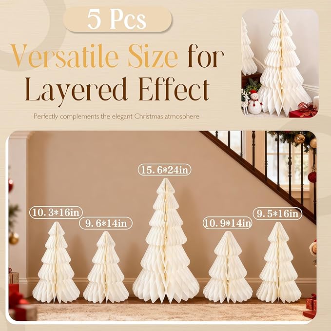 Christmas Table Decorations Indoor, 5 Pcs Extra Large White Honeycomb Paper Christmas Trees, Vintage Table Centerpieces Decorations for Xmas Winter Wonderland New Year Party Weddings Home Decor