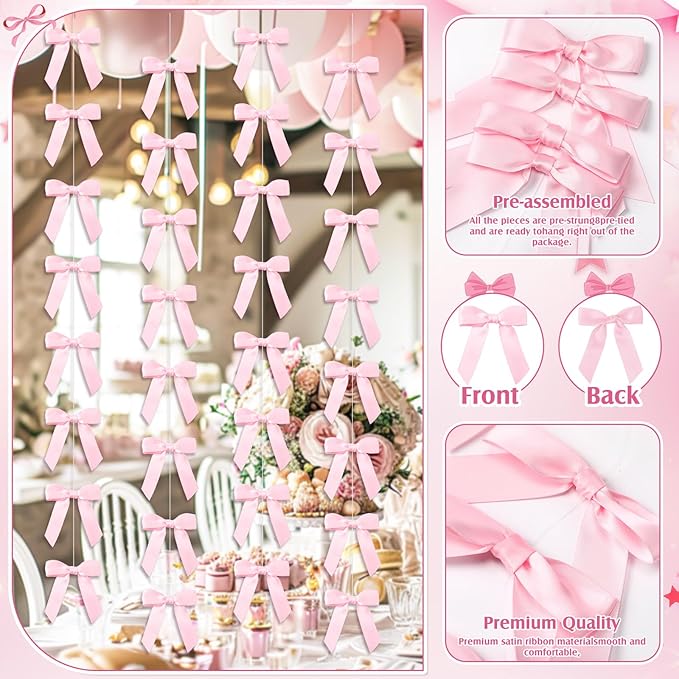 Taobary 8 Pcs 6.6 ft Bow Garland, Satin Ribbon Bow Banner Coquette Hanging Ornament for Photo Backdrop Birthday Party Wedding Bridal Baby Shower Wall Decorations(Pink,1 Inch)