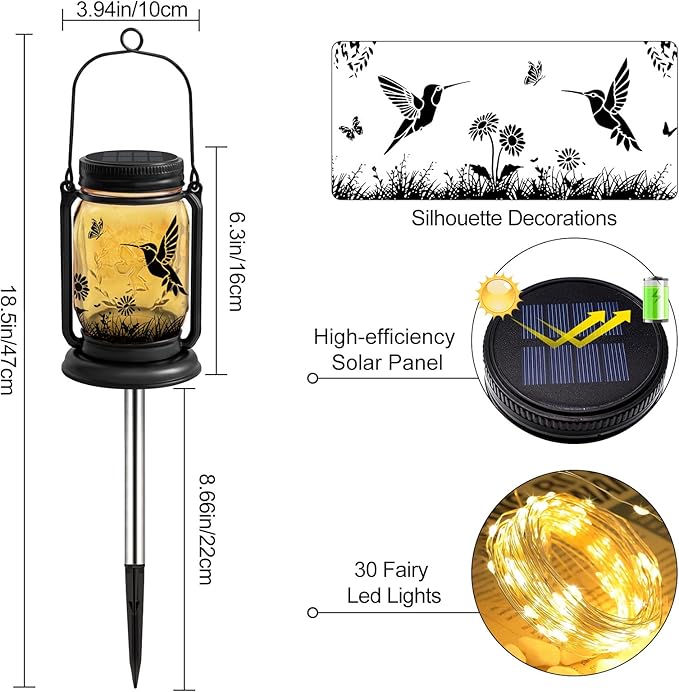 Hummingbird Solar Lanterns 3-in-1 Outdoor Waterproof - Birthday Gifts for Women Mom Christmas, Mason Jar Hanging Lanterns with Stake, Garden Decor Lights for Patio Yard Porch Lawn Balcony Decorations