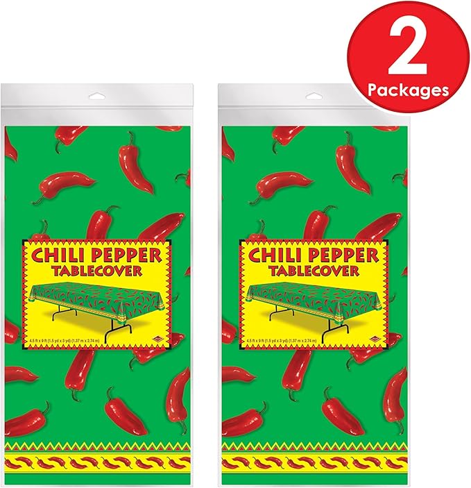 Beistle Chili Pepper Tablecovers, 54” x 108”, 2 Pieces – Plastic Table Cloth, Rectangular Tablecloth, Cinco De Mayo Tablecloth, Fiesta Party Decorations, Cinco De Mayo Decorations,Green/Red/Yellow