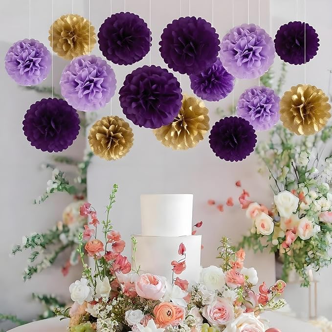 XIKSXITN 12 pc Purple Gold Paper Pom Poms - Hanging Paper Flowers for Party Decoration (10&12 inch)
