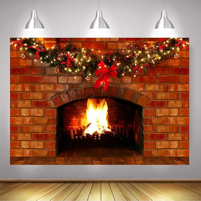 Mocsicka Christmas Fireplace Photography Backdrop Red Brick Fireplace Background for Xmas Eve Home Decor Xmas Family Party Selfie Photo Props (8x6ft)