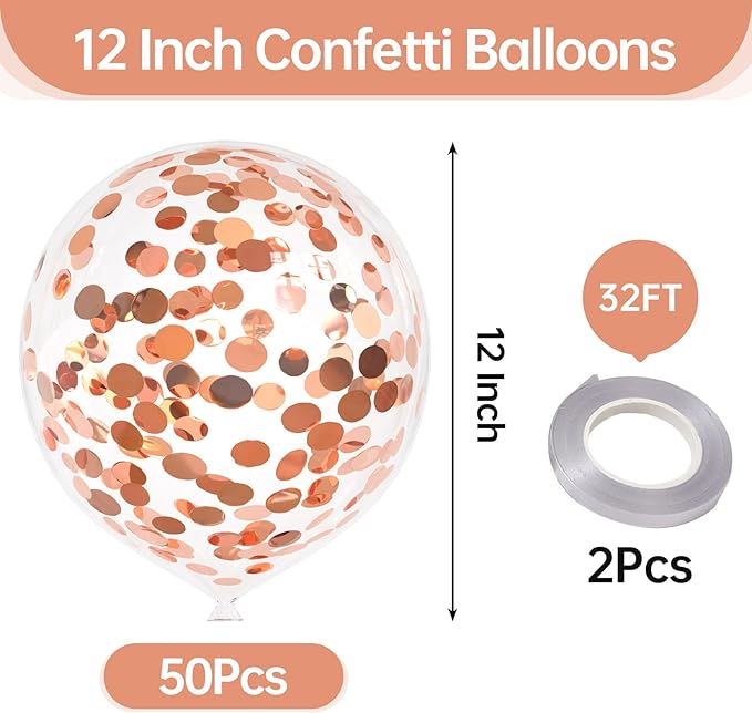 50pcs Rose Gold Foil Confetti Balloons,12 inch Latex Balloon with Rose Gold Confetti Inside for Birthday Family Party Wedding Party Baby Shower Decoration Supplies